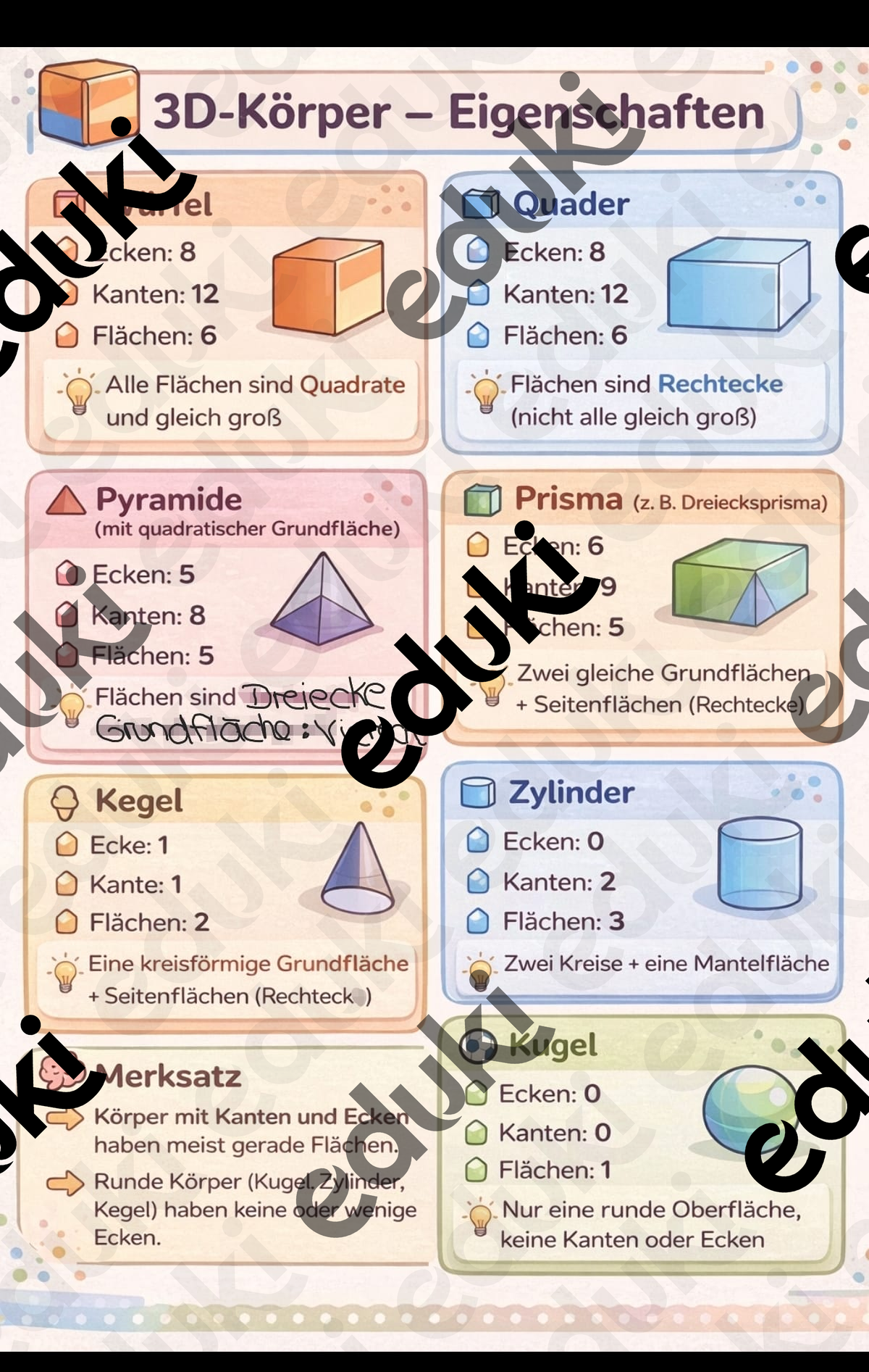 Lernzettel Mathe- Geometrische Körper 2.- 3. Klasse ...