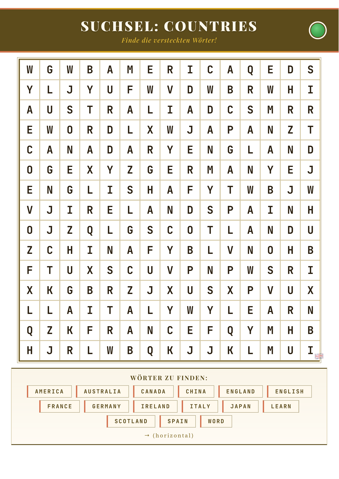 Suchsel: Countries – Wortsuchrätsel | Englisch Klasse 5–6
