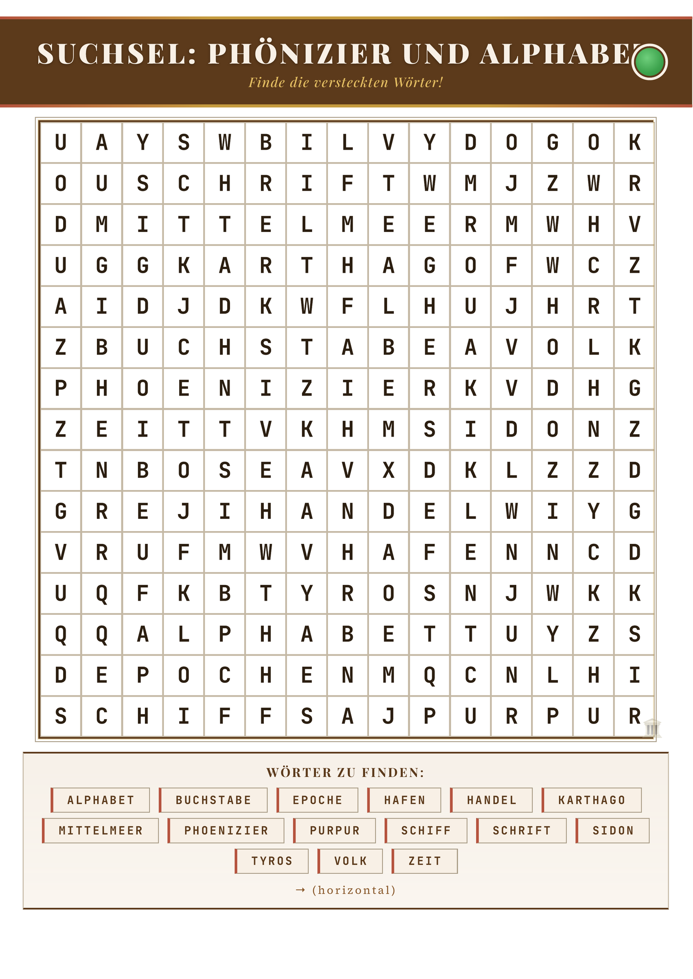 Suchsel: Phönizier und Alphabet – Wortsuchrätsel | Geschichte Klasse 5