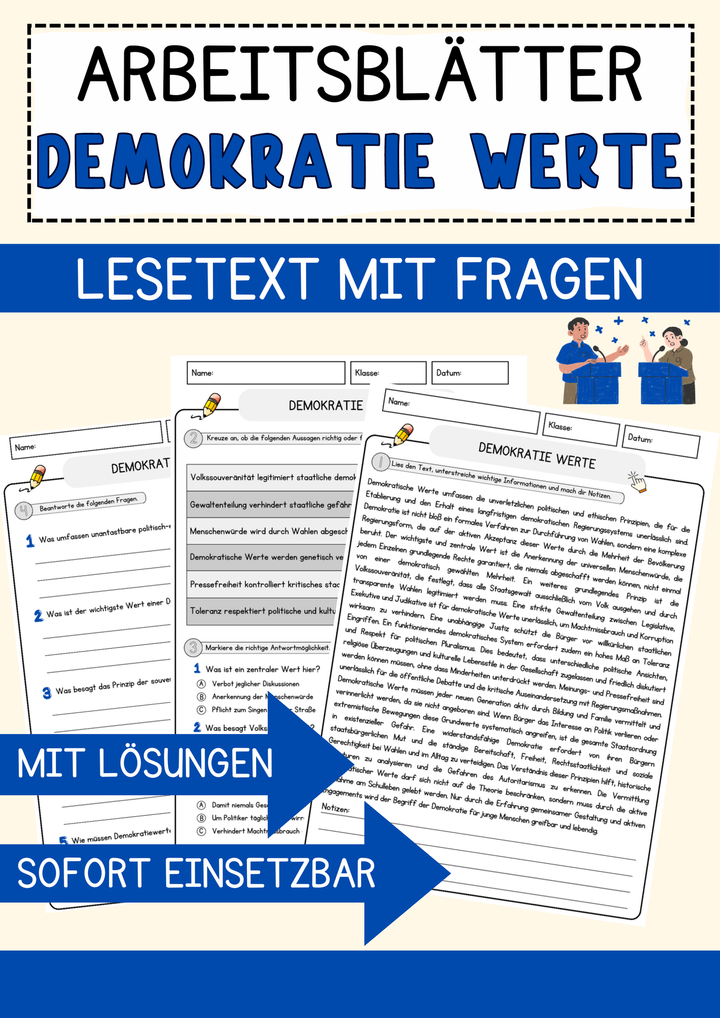 Demokratie Werte Arbeitsblätter mit Fragen + Lösungen Lesetext