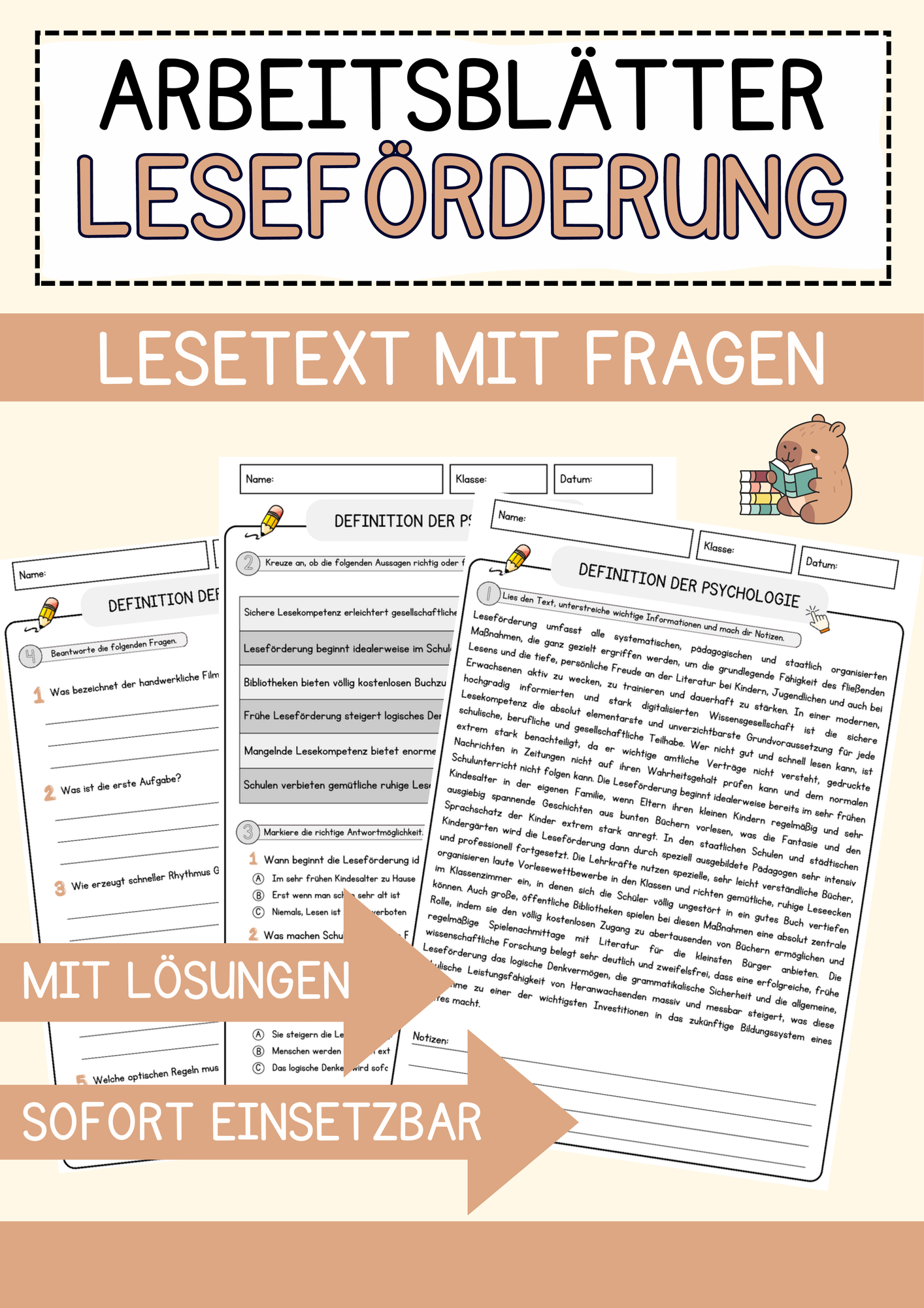 Leseförderung Arbeitsblätter mit Fragen + Lösungen Lesetext