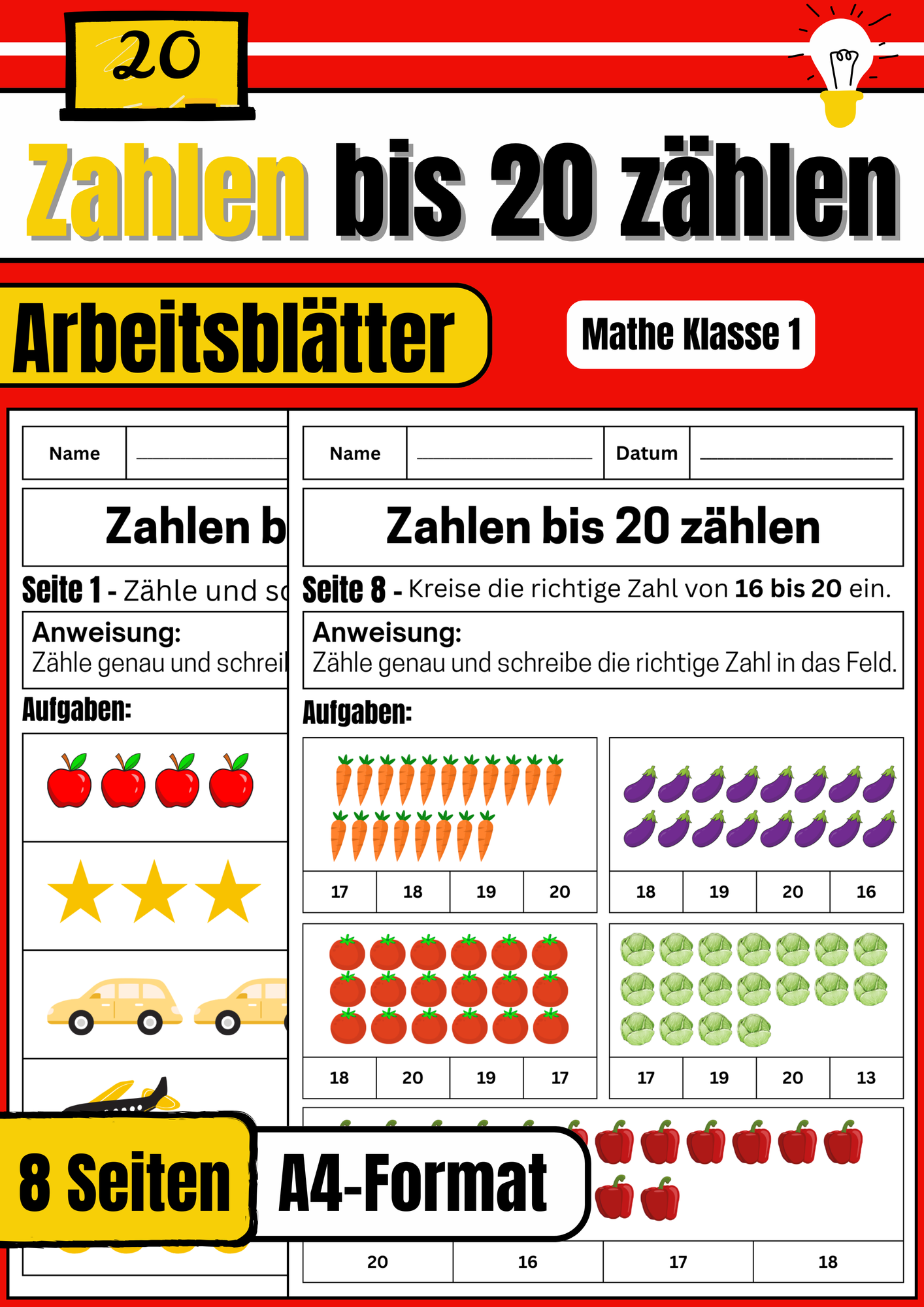 Zahlen bis 20 zählen Arbeitsblätter | Mathe Klasse 1