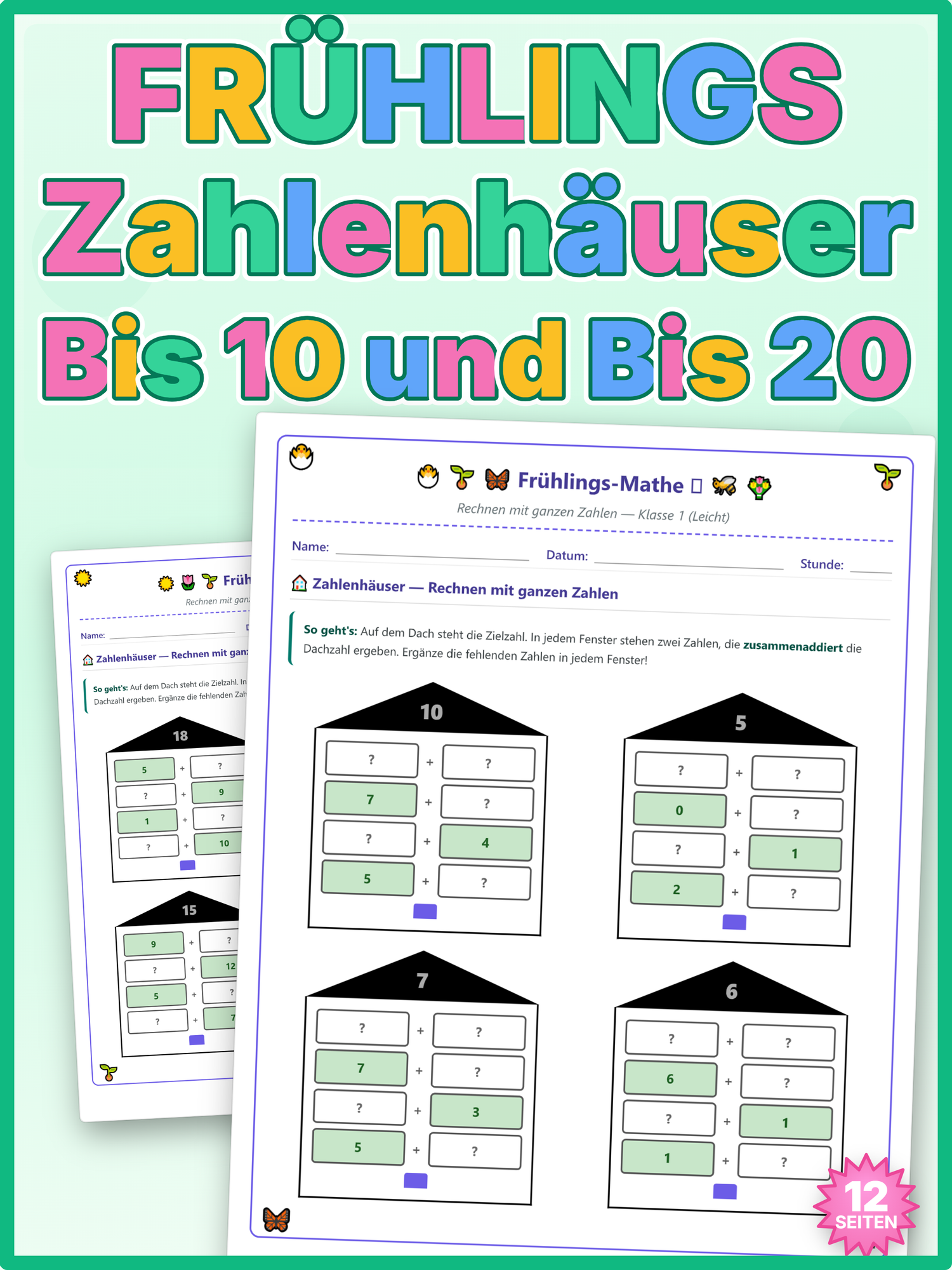 Zahlenhäuser bis 10 und bis 20 Addition Frühling Klasse 1
