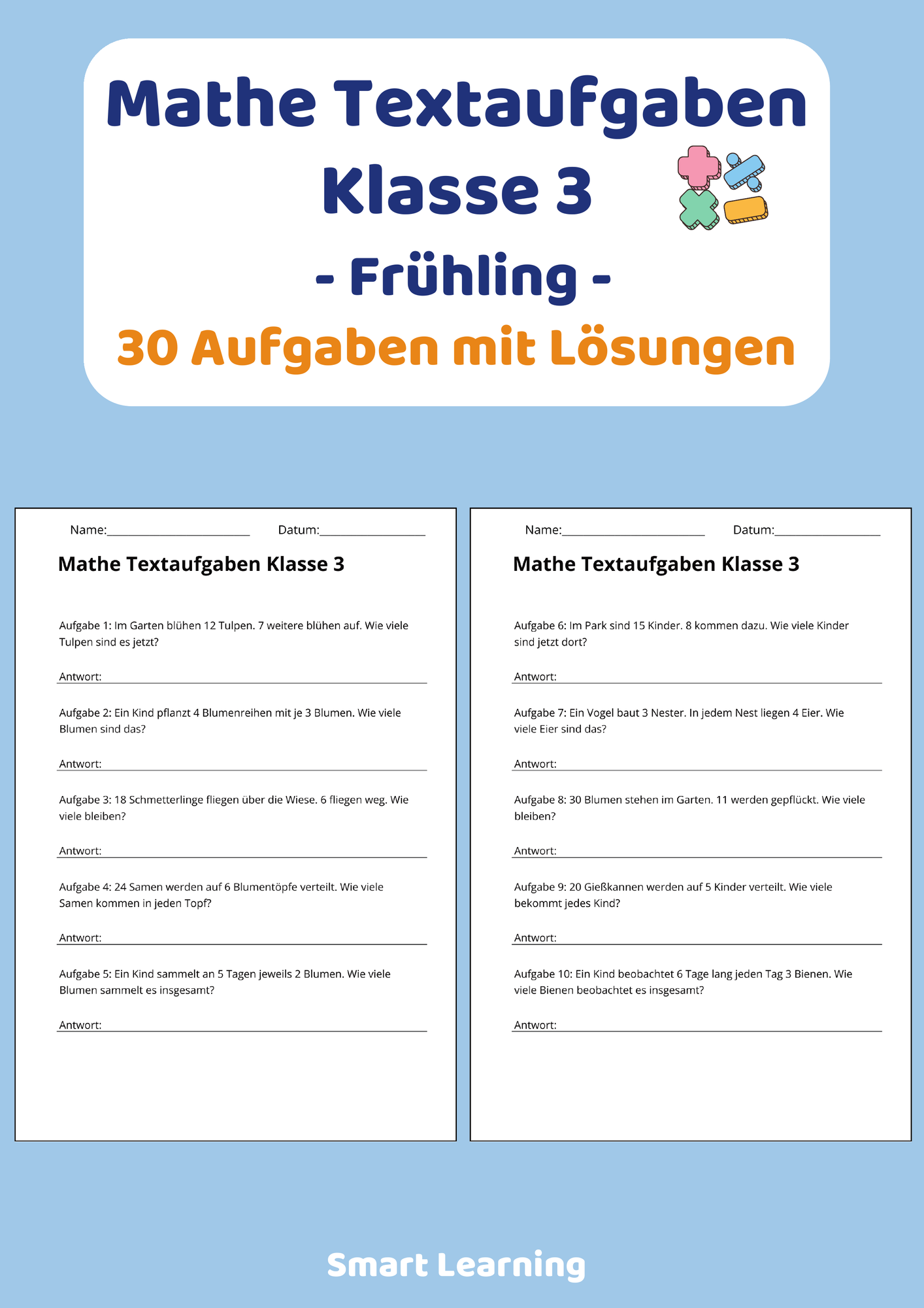Mathe Textaufgaben Klasse 3 – Frühling (30 Aufgaben mit Lösungen