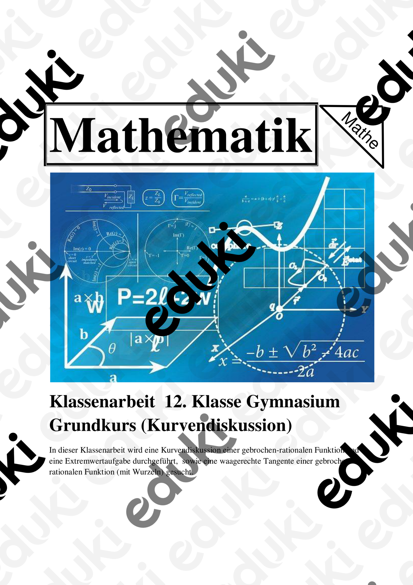 Klassenarbeit 12. Klasse Gymnasium GK (Kurvendiskussion