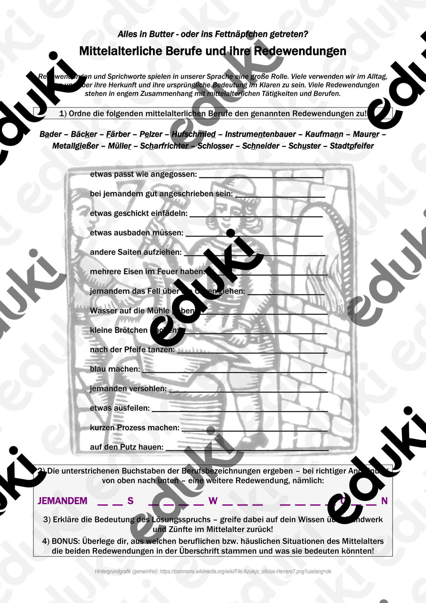 Berufe Im Mittelalter Arbeitsblatt - 11 berufe arbeitsblatt daf