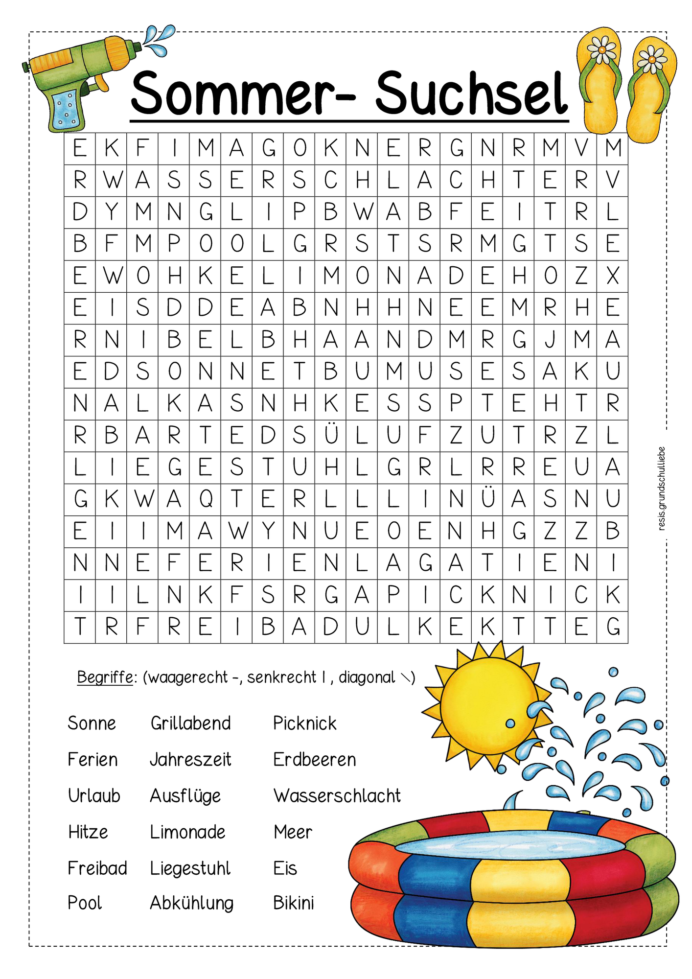 Sommer-Suchsel (Buchstabengitter) – Unterrichtsmaterial im Fach